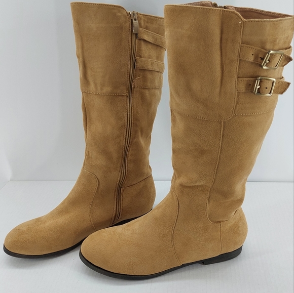 candy Shoes - Faux Tan Suede Boots 9.5W / 41 not wide calf vegan leather buckle side zip.
